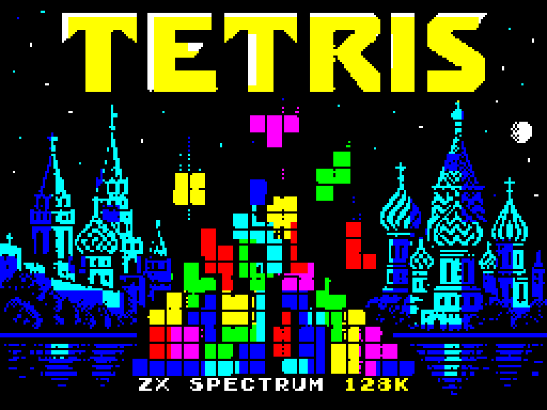 Tetris loading screen with colourful blocks and blue cathedral towers